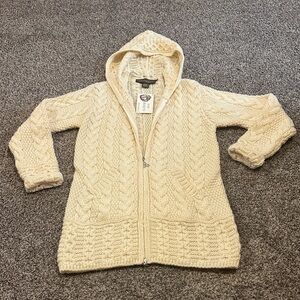 Inis Crafts 100% Merino Wool Hooded Zipper Cardigan Sweater Size Small